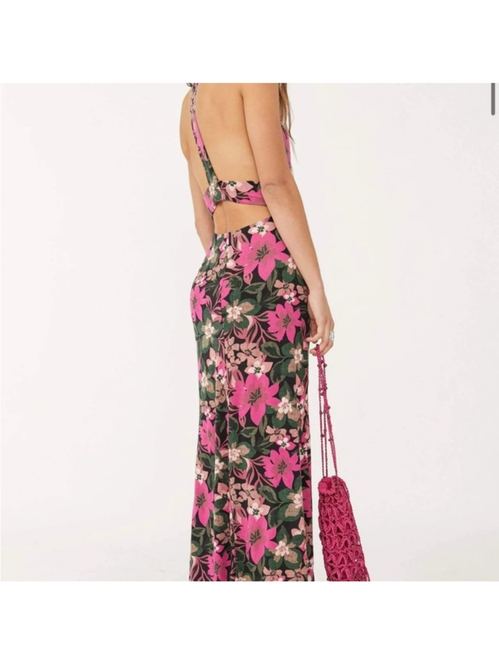Free People Green Floral Halter High-Low Maxi Dress with Pink Blooms - Picture 3 of 3